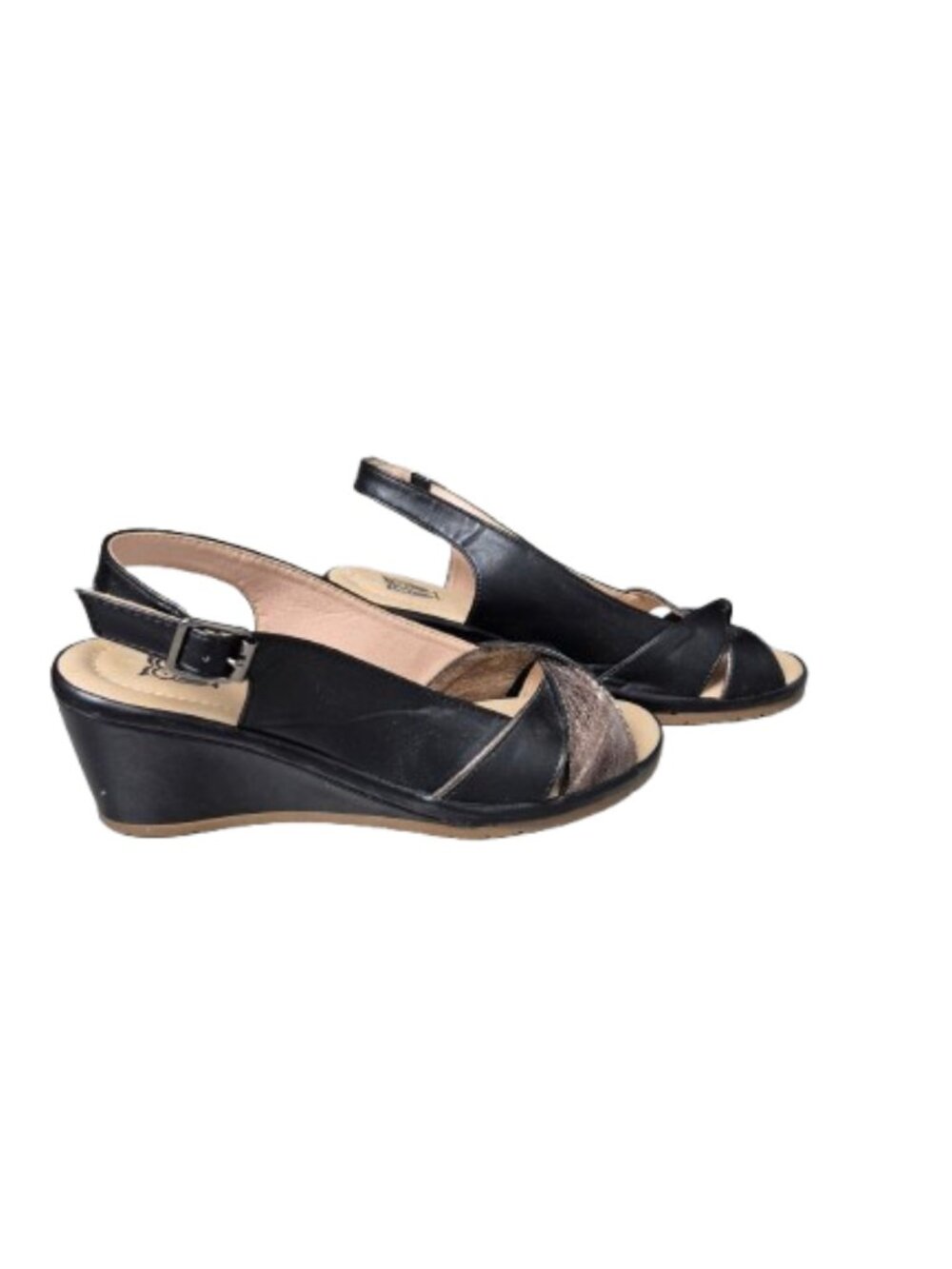 38 Black and Gold Leather Wedge Sandals